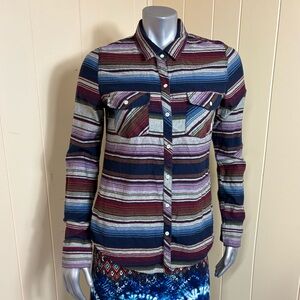 Roxy Button Up Shirt Womens Large Multicolor Stripe Flannel Long Sleeve Pockets